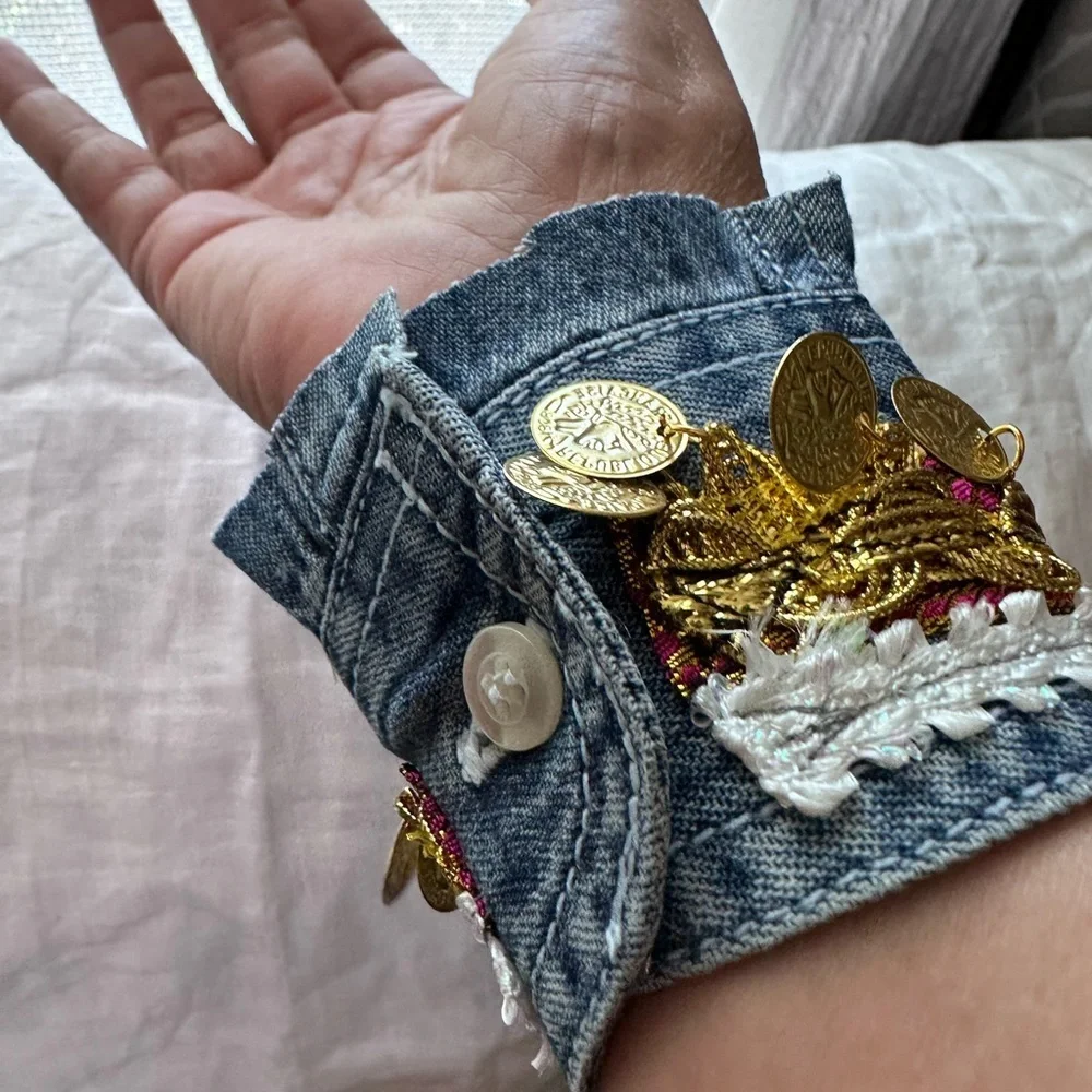 RUBYRUDI Artisan Denim Cuff Bracelet Set Shabby Chic Tattered Raw Edge Signed
